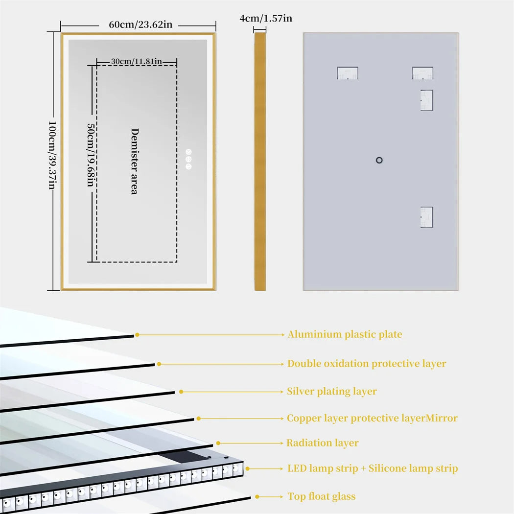 DUBAI, Rectangle Framed Anti-Fog Backlit Bathroom Mirror